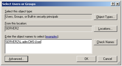 Select User or Group dialog box where you can enter the object name to select